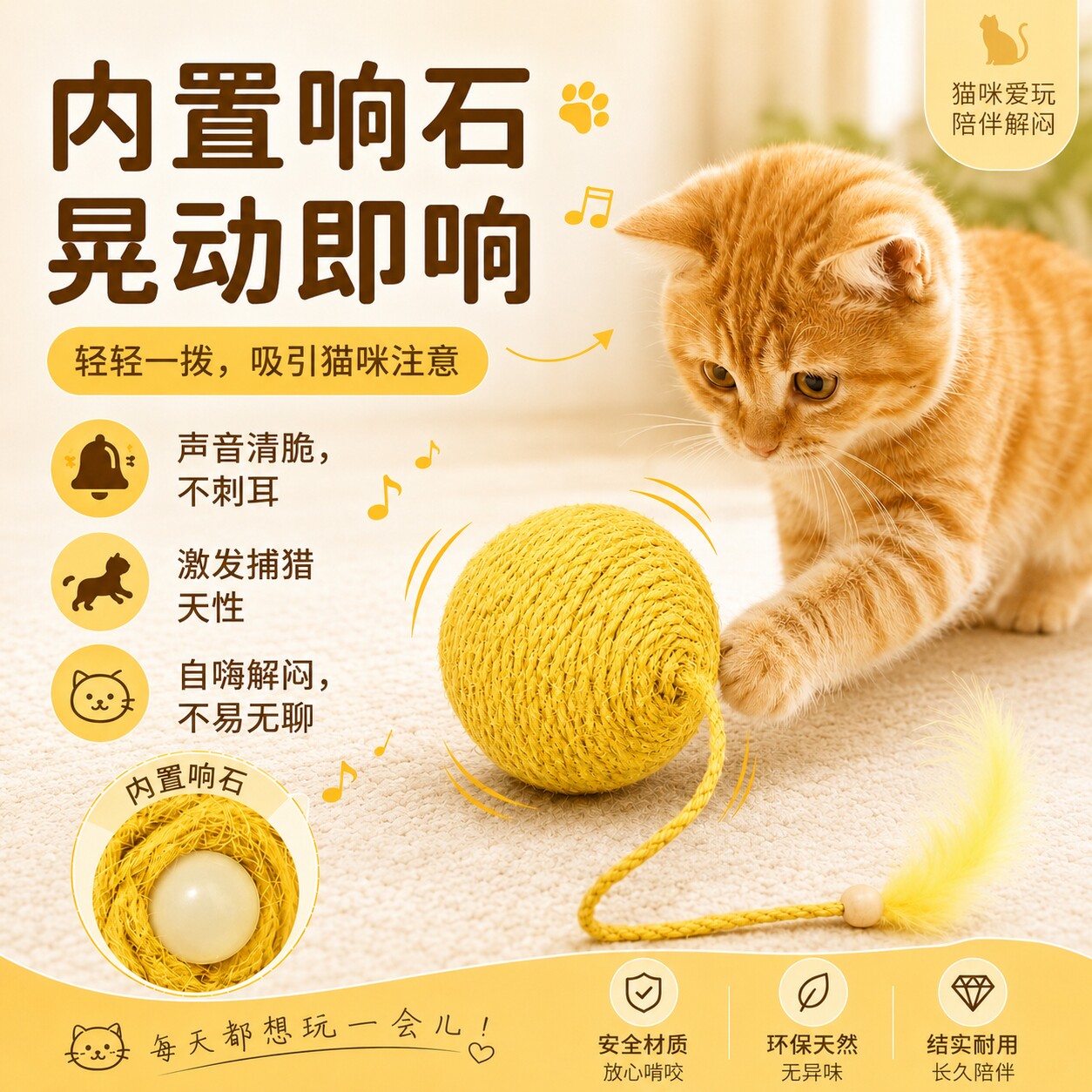 剑麻球猫咪玩具自嗨解闷磨牙耐啃咬带羽毛麻绳球逗猫用品互动玩具