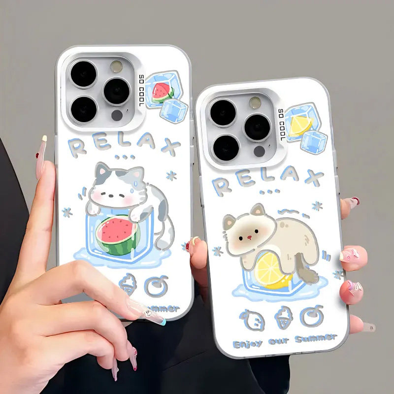 适用苹果17手机壳iPhone16e冰块小猫15/14pro镭射彩银13/12mini清新夏日天11卡通xs/xr情侣MAX6/7/8PLUS套se4