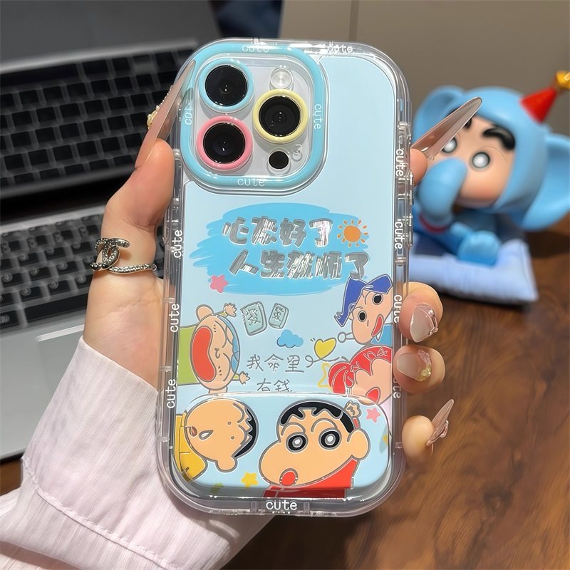 心态好小新适用苹果17PRO手机壳iPhone15/14pro平果13镜子支架12可爱11卡通xs/xr泡芙x羽纱max保护7/8PLUS套