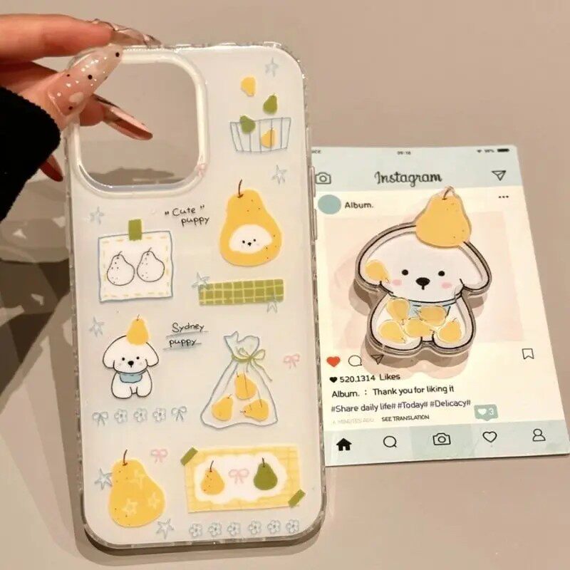 梨子小狗适用苹果17手机壳iPhone15/14平果13pro支架12/11小清新7/8plus卡通x/xs/xr大孔IMD白色max保护套