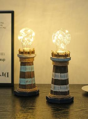 地中海风木质灯塔摆件创意复古桌面饰品发光家居摆件做旧送礼装饰