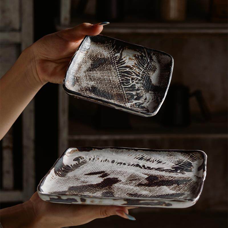 莳绘金缮锦绣系列粗陶手工四方碟菜盘方形托盘餐盘西餐盘家用盘子