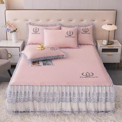 豆豆冰丝凉席三件套素色床裙款全包围可机洗夏季凉感空调冰丝软席