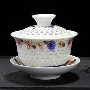 功夫茶具泡冲茶器 陶瓷盖碗镂空玲珑功夫茶碗家用客厅三才盖碗套装