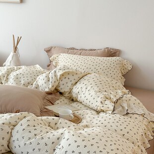 韩式少女心全棉双层绉绉纱四件套荷叶边纯棉超柔软被套儿童三件套