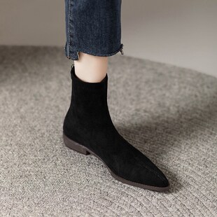 弹力瘦瘦靴女平底尖头裸靴春秋单靴时尚法式气质2024秋冬磨砂短靴