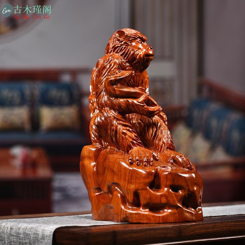 花梨木雕生肖猴子摆件龙龟满载而归实木家居饰品客厅红木开业礼品