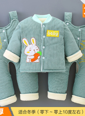 宝宝冬装套装婴儿秋冬棉衣01岁男保暖加厚棉袄棉服抱婴袋裤三件