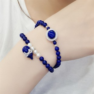 青金石手串女水晶葫芦首饰珍珠天然青晶石双层手链ins小众设计