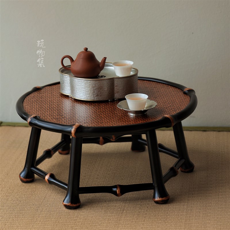 榻榻米茶室家具 迷你小茶桌茶台 手工竹编竹子儿童茶椅凳子靠背椅