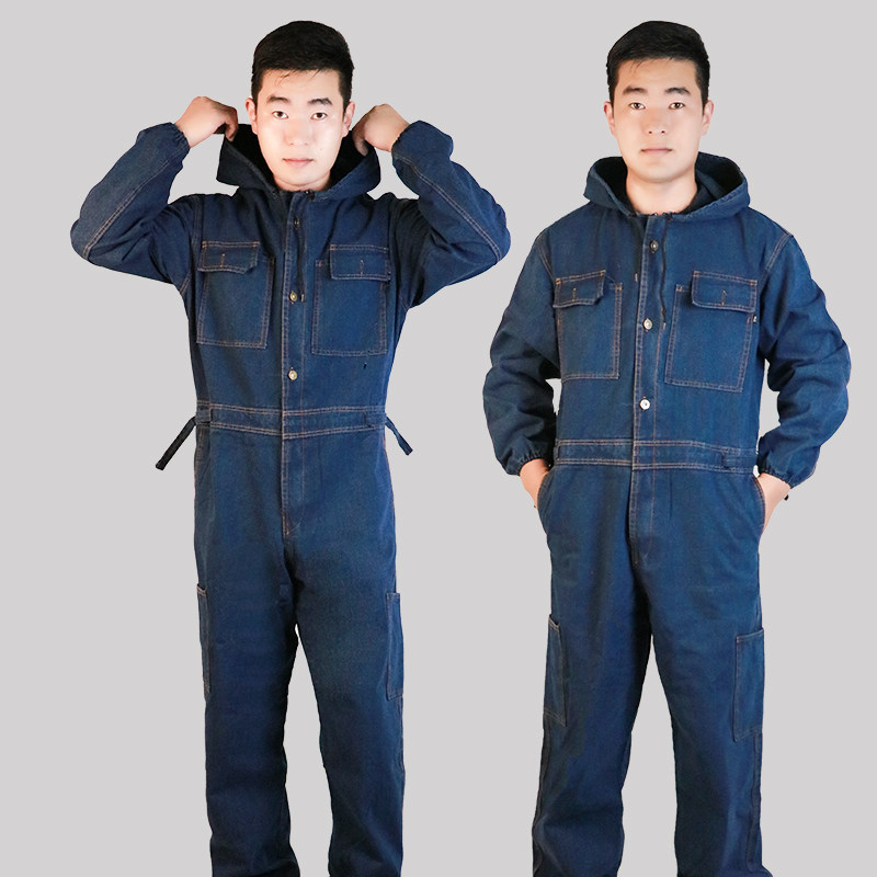 牛仔连体工作服h套装男汽修工地干活耐磨一体防尘衣防护劳保服薄