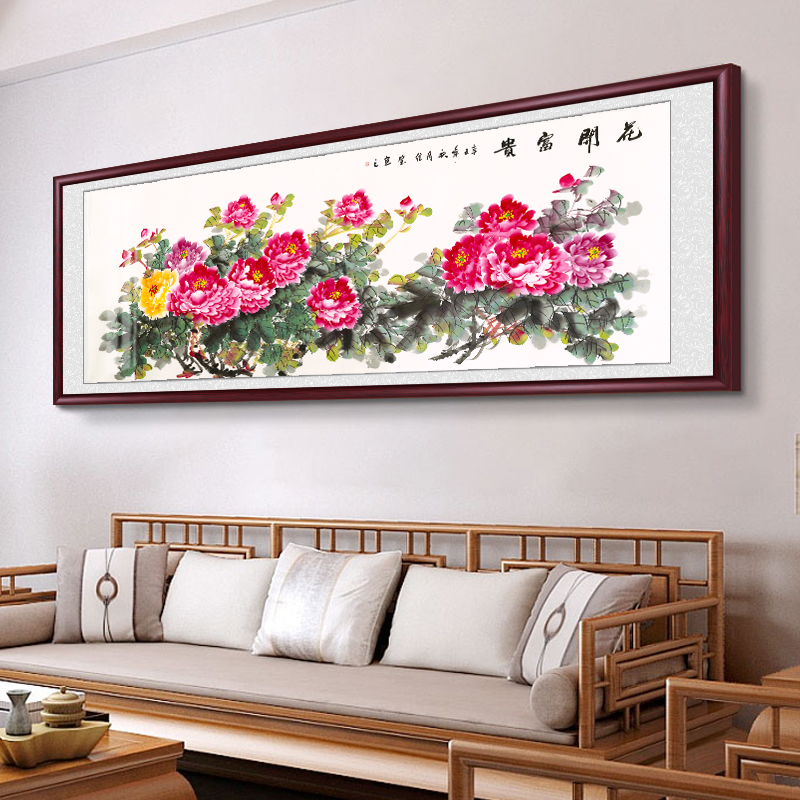 新中式花开富贵客厅挂画纯手绘国画牡丹装饰画沙发背景墙餐厅壁画图片