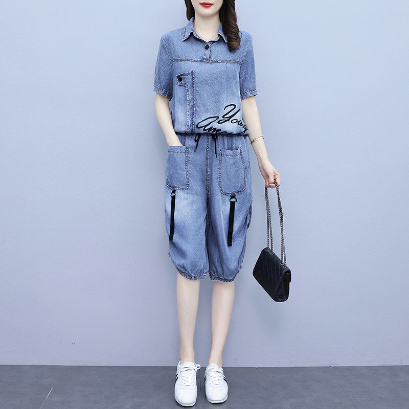 牛仔休闲职业套装女夏季202w4年新款遮肚显瘦薄款七分阔腿裤两件
