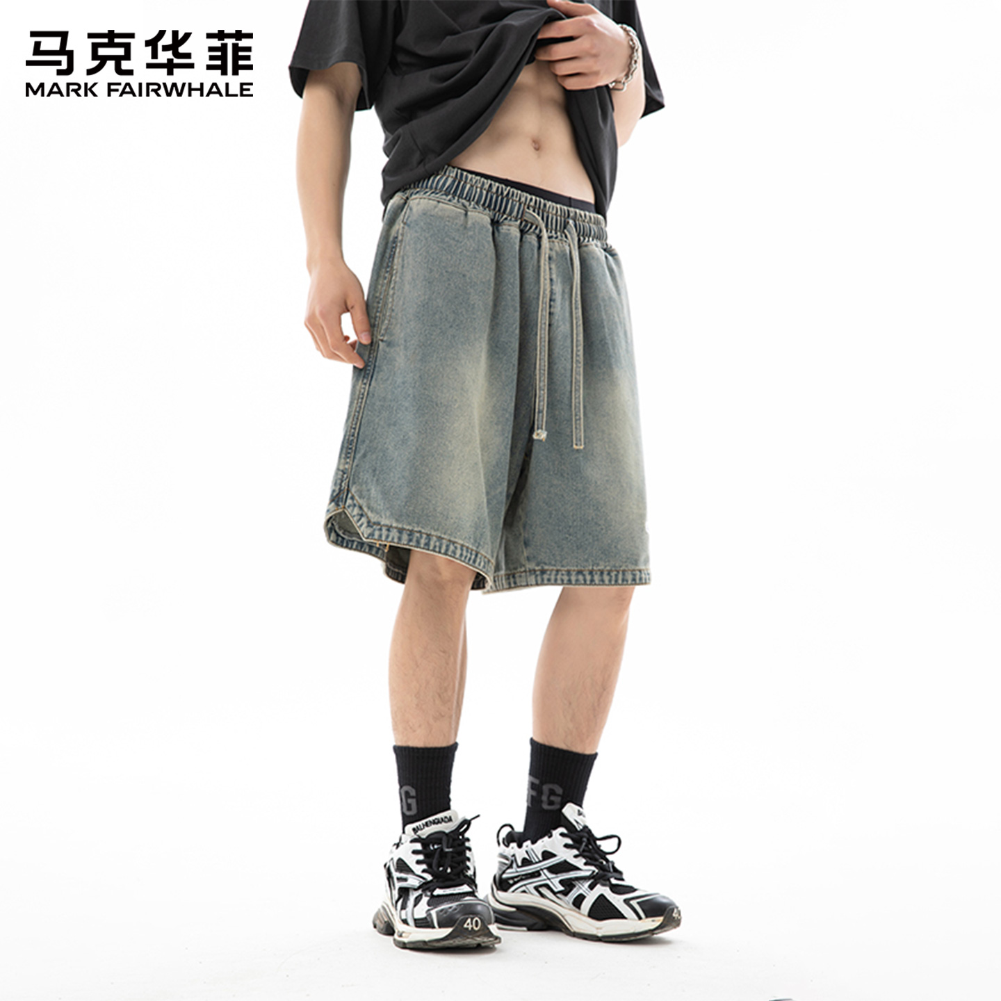 马克华菲牛仔短裤男士夏季2025新款宽松直筒工装五分裤子男款薄X