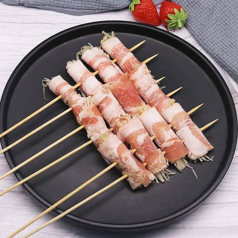 新品新鲜五花肉包金针菇串商用烧烤油炸铁板食材猪肉串猪肉卷烤肉