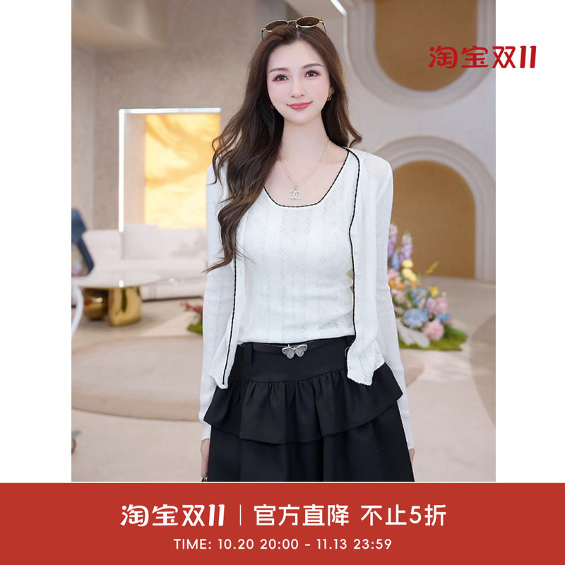 COCO BECCI【静奢时光】绵羊毛黑白撞色包边通勤两件套针织衫女秋