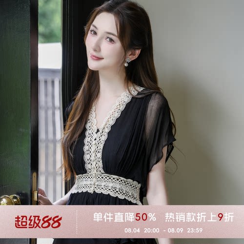 COCO BECCI【蕾丝夜宴】100粘纤复古撞色镂空蕾丝雪纺衫气质上衣