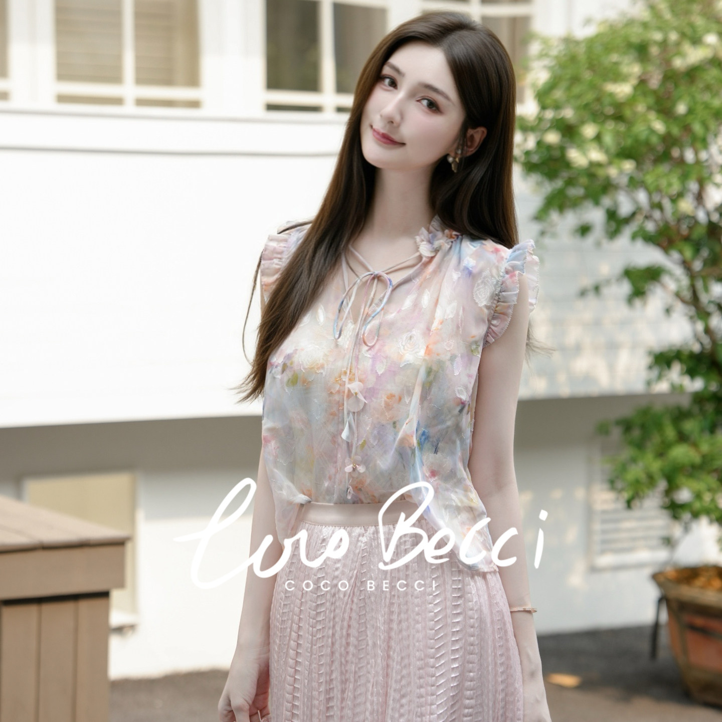 COCO BECCI【花仙子小衫】新款油画晕染印花飞袖V领小衫上衣女夏