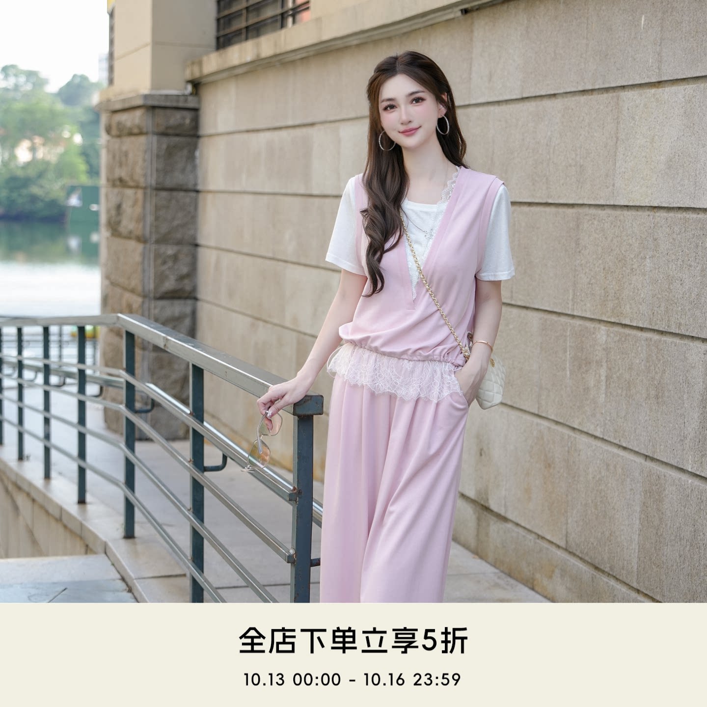 COCO BECCI【甜系樱花套装】天丝V领蕾丝假两件收腰显瘦夏季套装