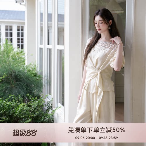 COCO BECCI【白巧恋人】镂空蕾丝拼接泡泡袖气质显瘦夏季套装女