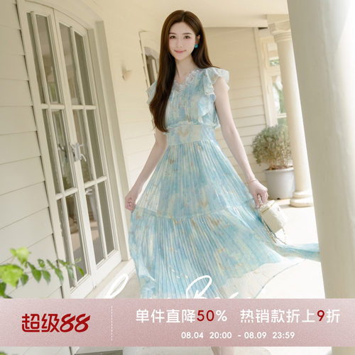 COCO BECCI【夏日物语】晕染印花蕾丝拼接V领显瘦连衣裙长款女夏