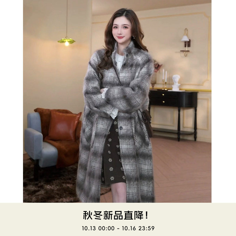 COCO BECCI【韩剧女主】绵羊毛桑蚕丝山羊绒复古格纹外套女秋冬
