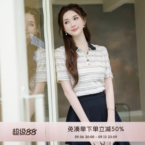COCO BECCI【波浪蕾丝polo】撞色波浪蕾丝Polo领香风小衫短袖t恤