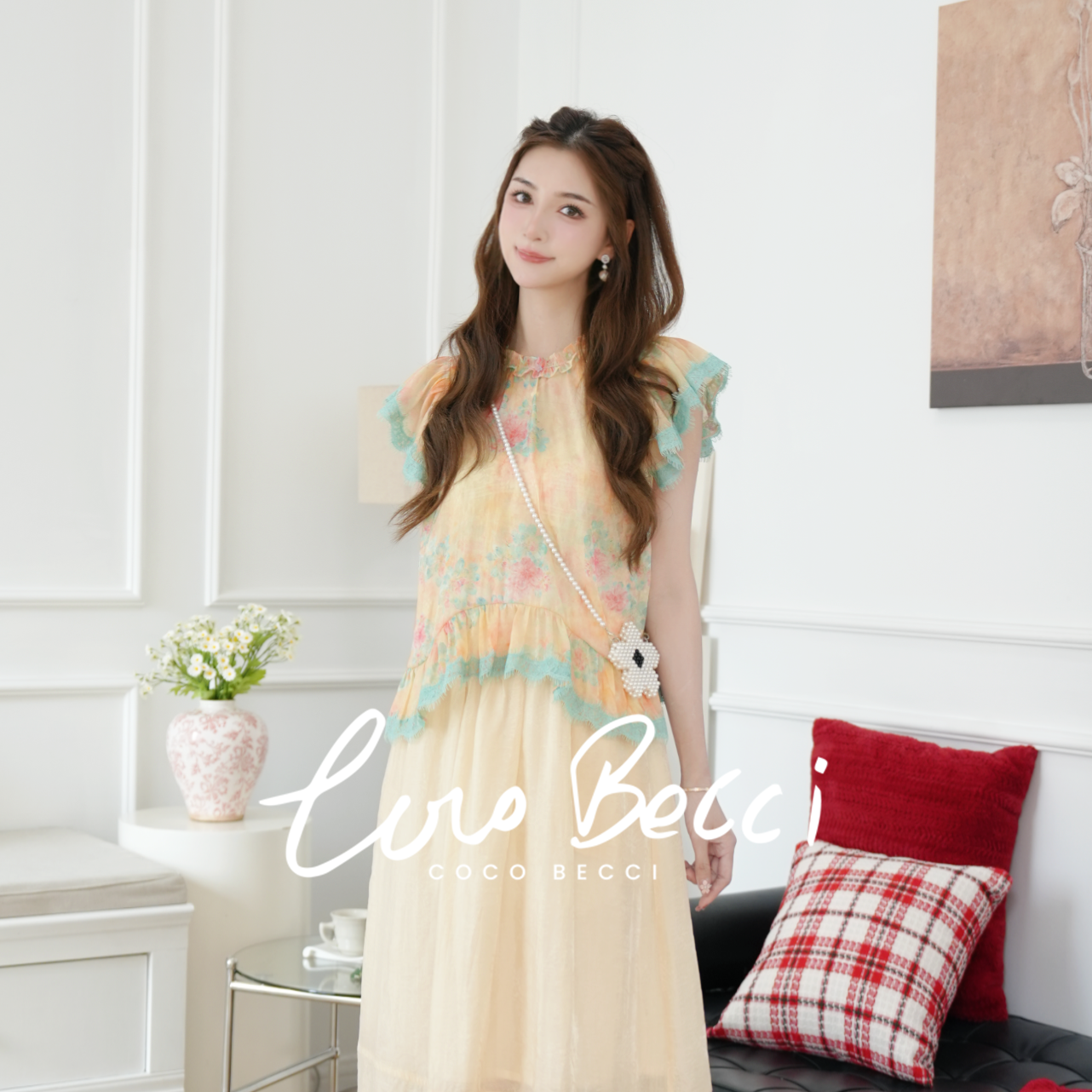 COCO BECCI【花间烂漫】油画感荷叶木耳领蕾丝小飞袖小衫上衣女夏