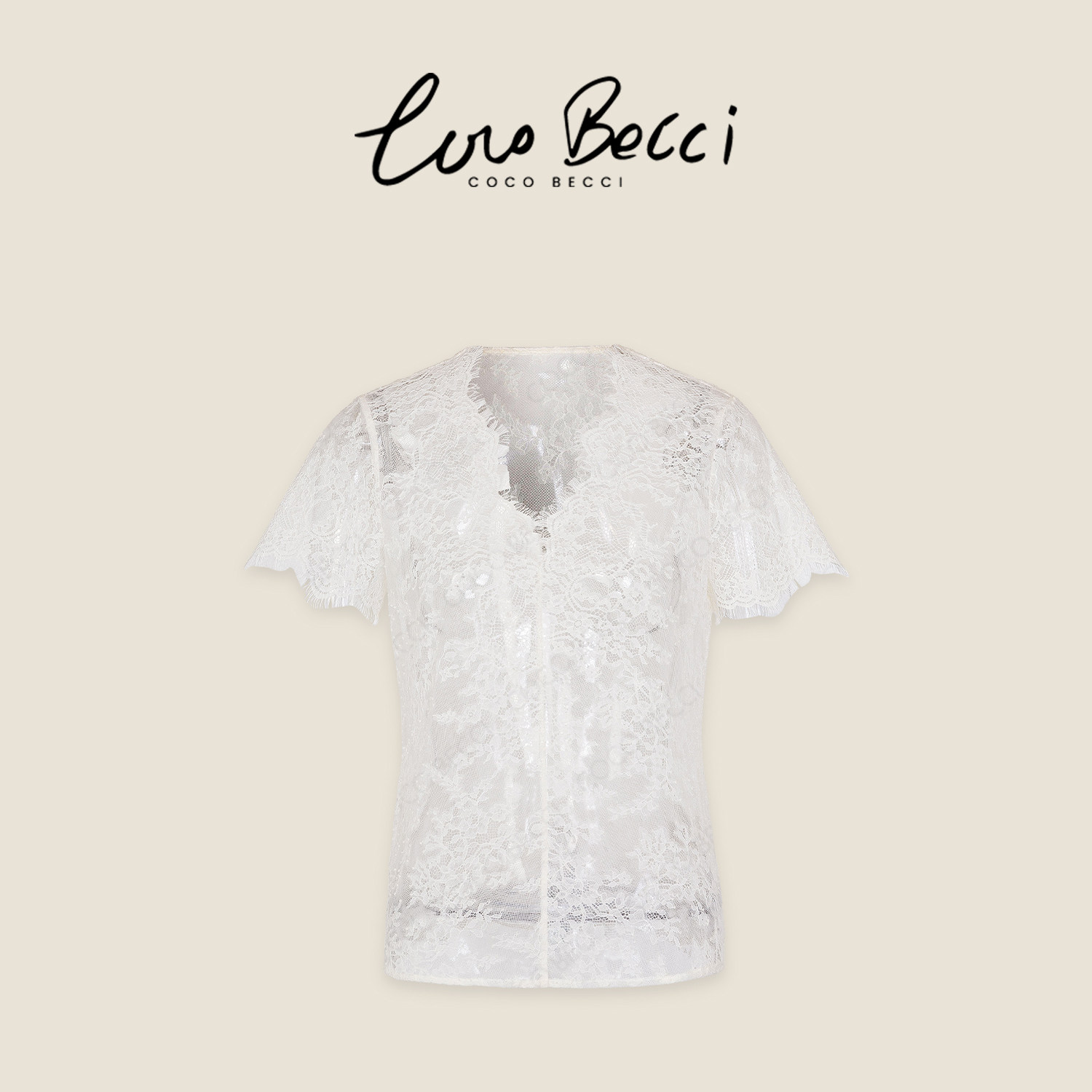 COCO BECCI【白蕾T】重工睫毛蕾丝V领宽松显瘦百搭小衫短袖t恤女