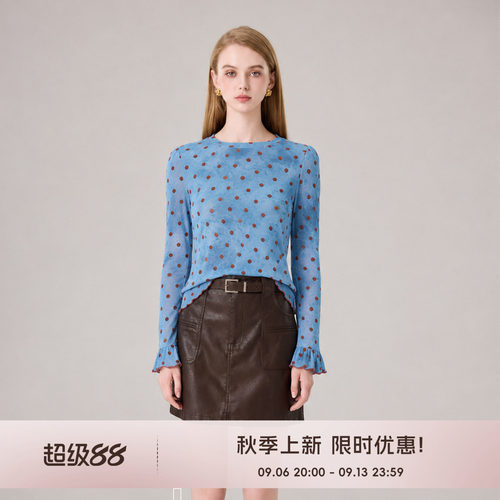 COCO BECCI【波点美学】复古波点圆领木耳边喇叭袖上衣女2026秋