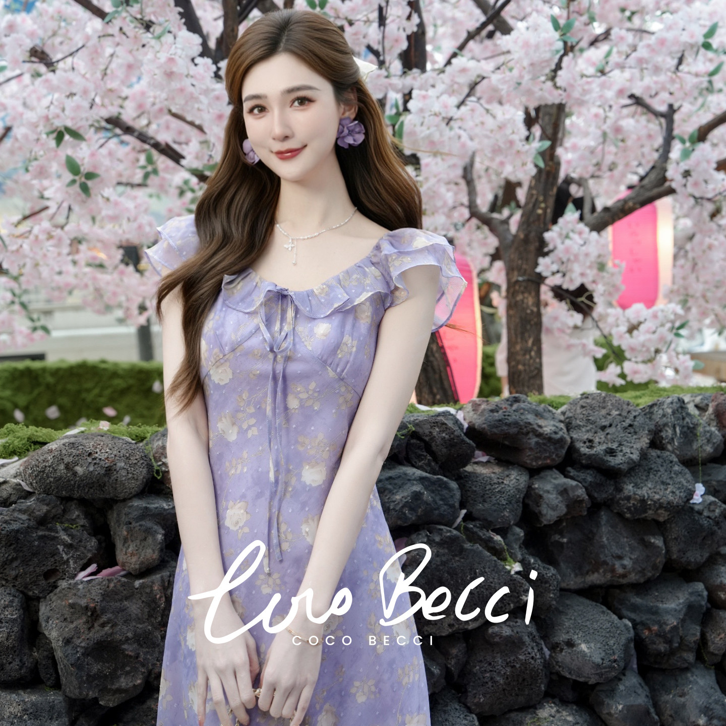 COCO BECCI【夏日橙花】碎花荷叶边系带钉珠飞袖连衣裙长裙女夏季