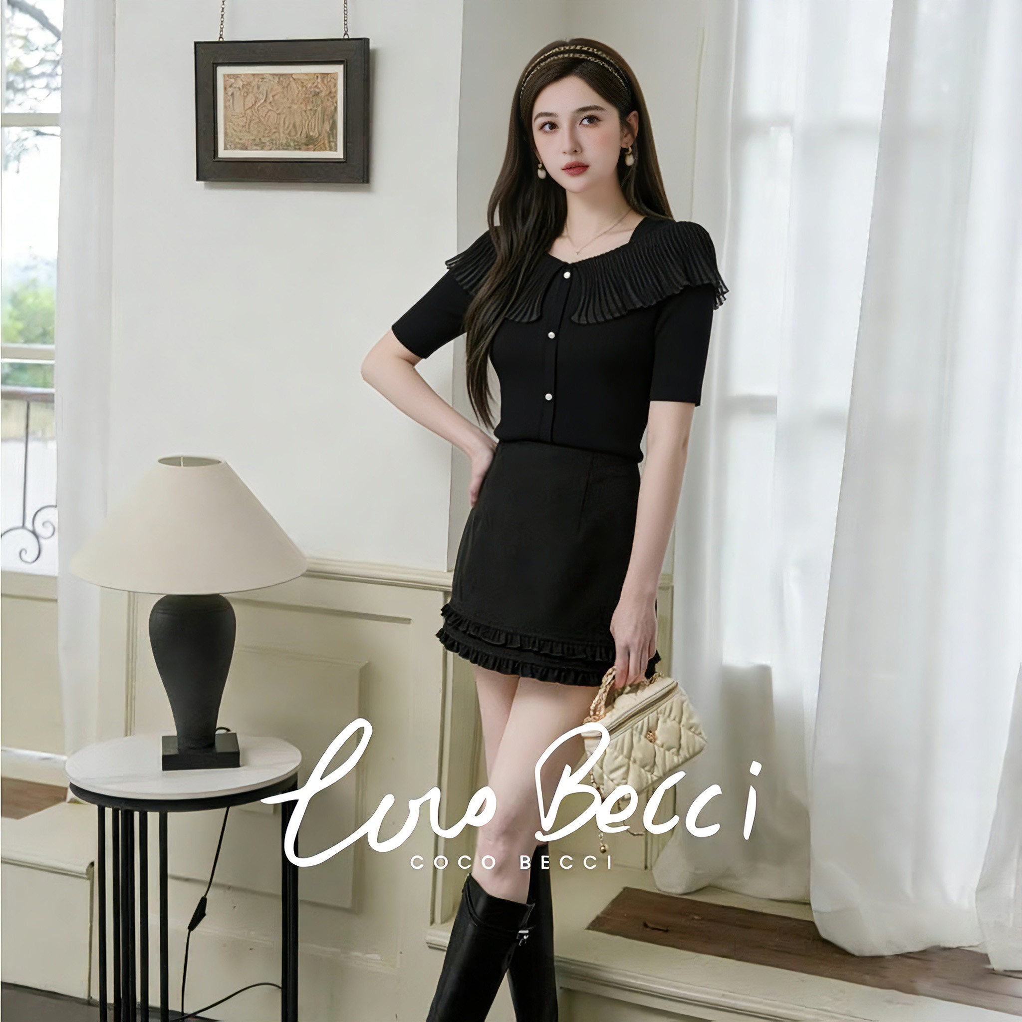 COCO BECCI【暮色剪影】立体风琴褶一字肩针织短袖t恤女2026新款