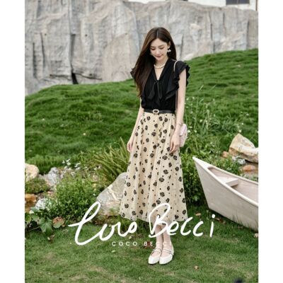 COCO BECCI【午夜山茶】满天星黑白拼色荷叶边飞袖法式连衣裙女夏