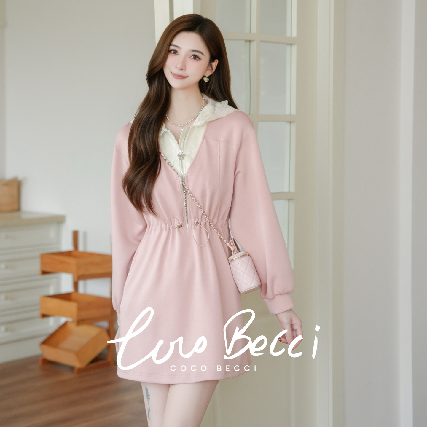 COCO BECCI【甜心少女】蕾丝连帽蝴蝶吊坠收腰连衣裙CGLJA371025