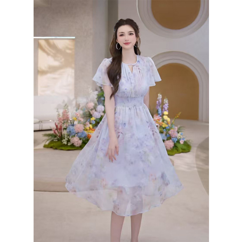 COCO BECCI【紫澜花境】浅紫晕染碎花收腰显瘦气质连衣裙女夏季