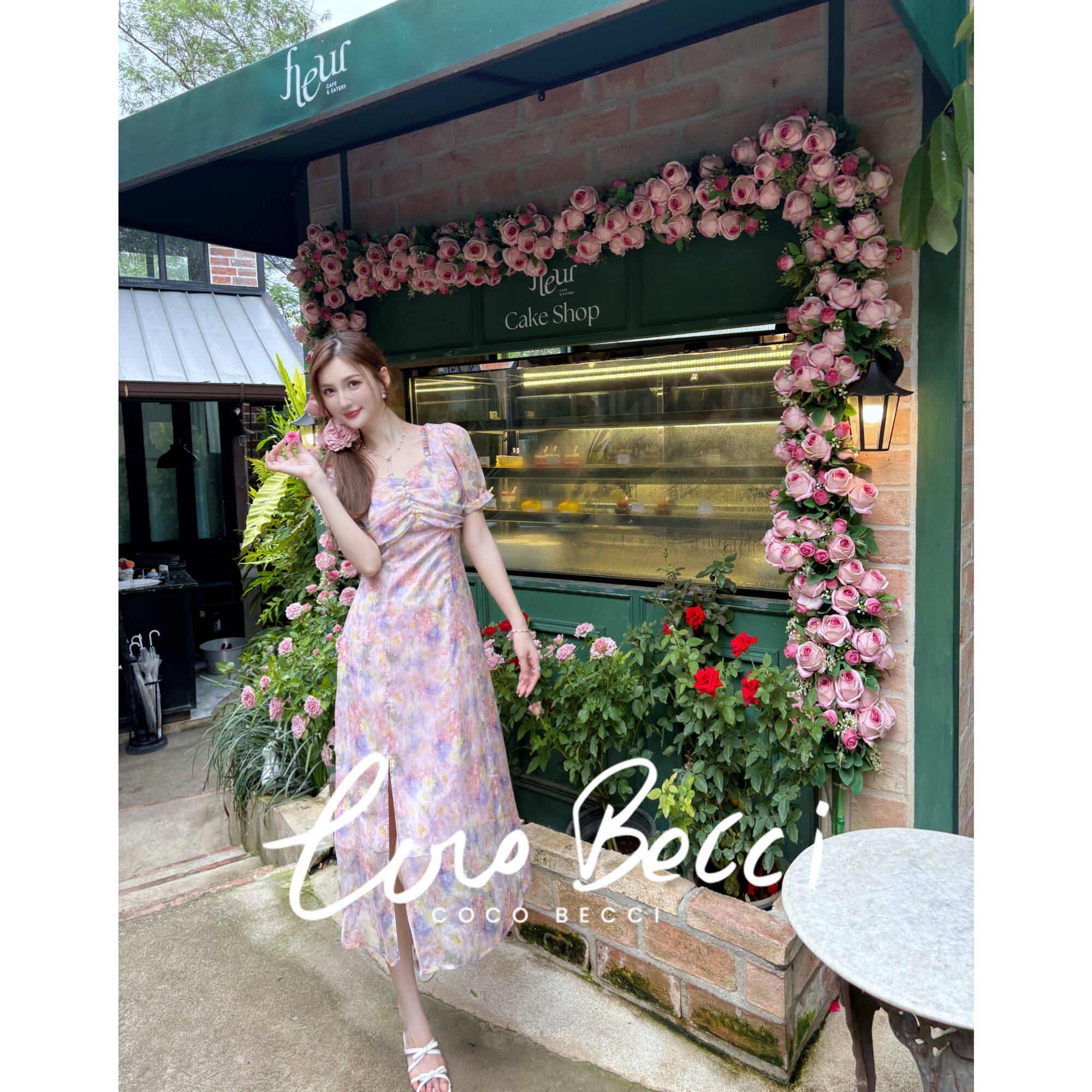 COCO BECCI【繁花入梦】法式气质晕染碎花泡泡袖短袖连衣裙女夏季