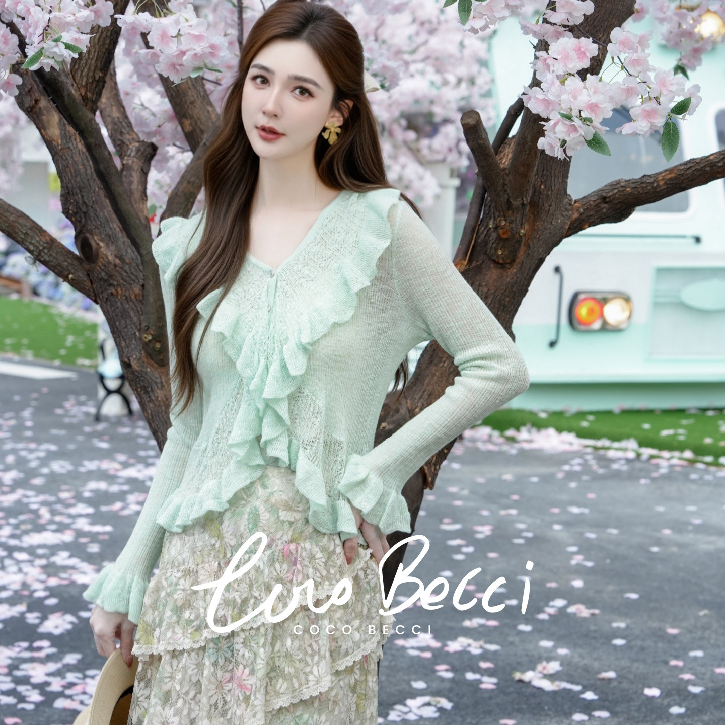 COCO BECCI【春日浪漫】双层荷叶边V领喇叭袖针织开衫薄款长袖女