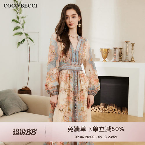 COCO BECCI 【画梦】法式复古气质印花连衣裙2026秋冬