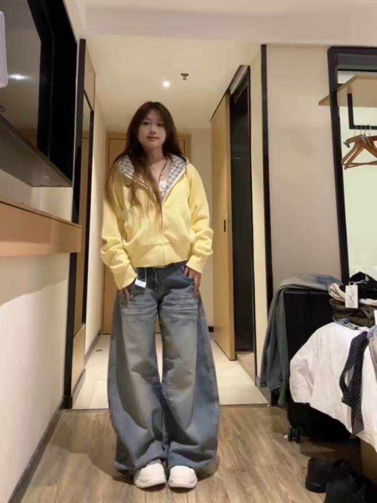 美式复古奶黄色格子拼接短款卫衣女春秋宽松休闲拉链连帽开衫外套