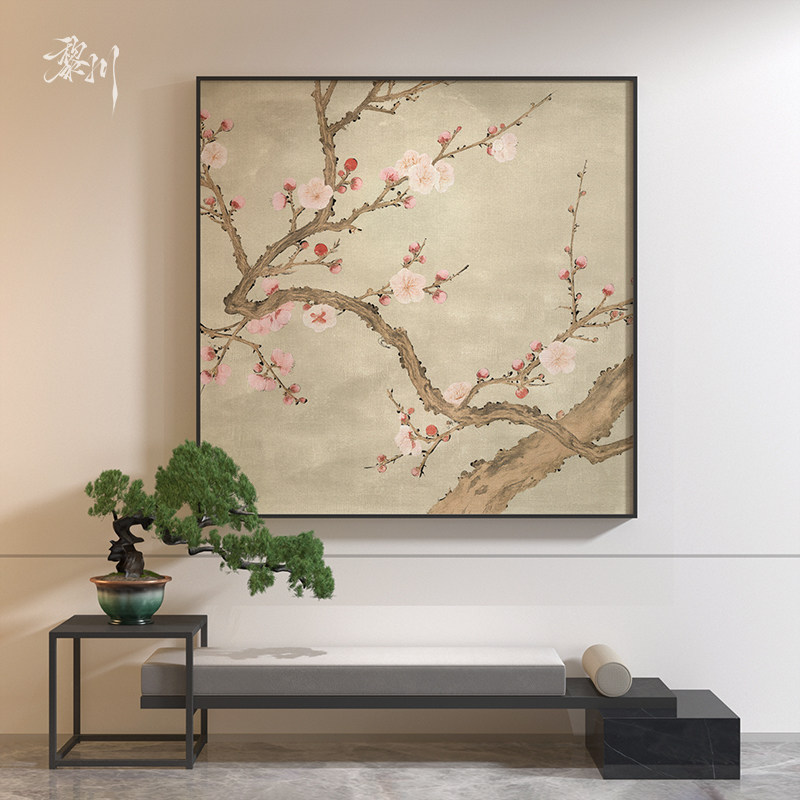 新中式中国风工笔桃花卧室书房玄关客厅装饰画背景墙壁画方形挂画