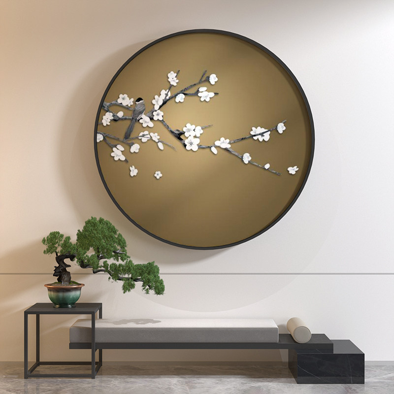 新中式客厅入户玄关端景装饰画黄色玉兰花鸟壁画现代轻奢圆形挂画