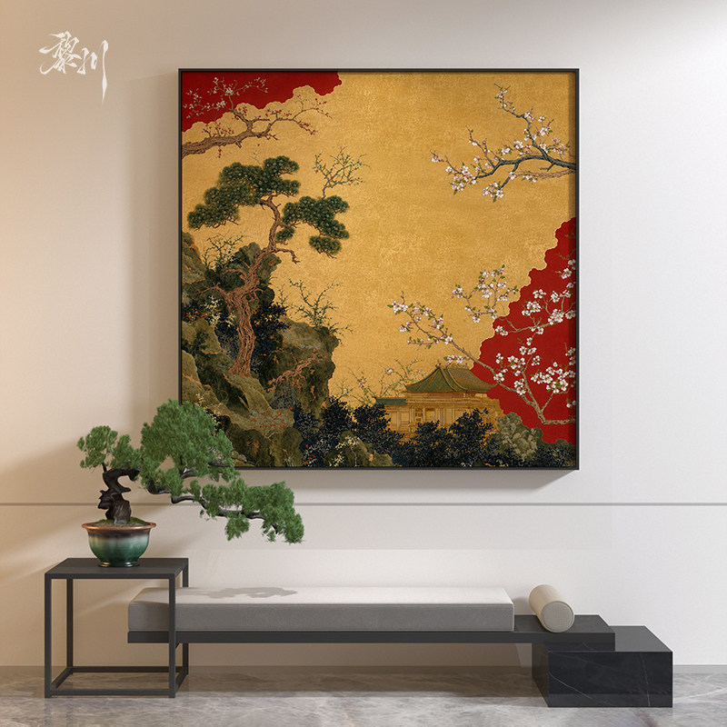《庭松》金底红边松梅庭院楼阁山水装饰画茶室客厅方形国风挂画