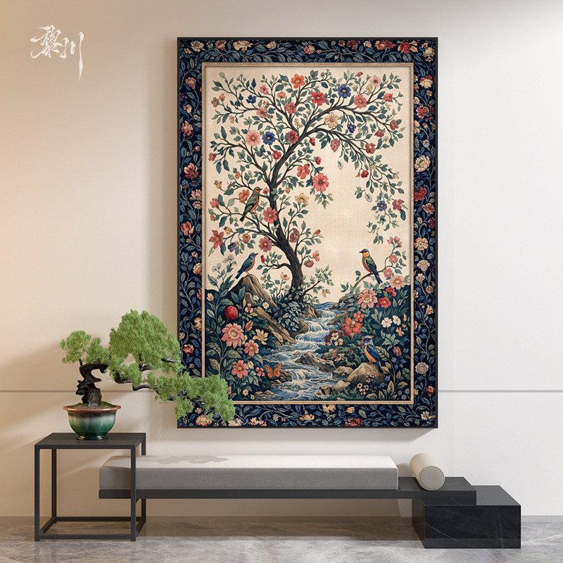 《芳树》美式复古花鸟生命树艺术客厅吉祥感竖版装饰画餐厅壁画