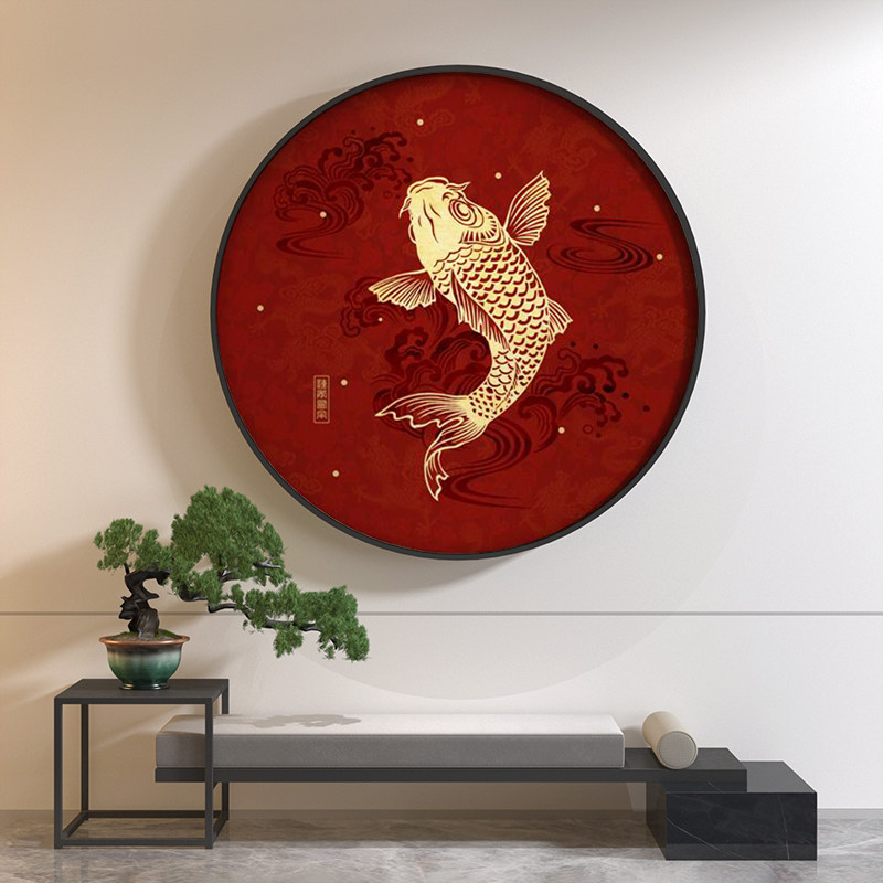 新中式客厅入户玄关端景装饰画鱼跃龙门红色中国风壁画圆形挂画
