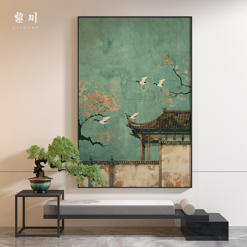 新中式禅意绿色中国风楼阁仙鹤古典客厅装饰画玄关壁画竖版挂画