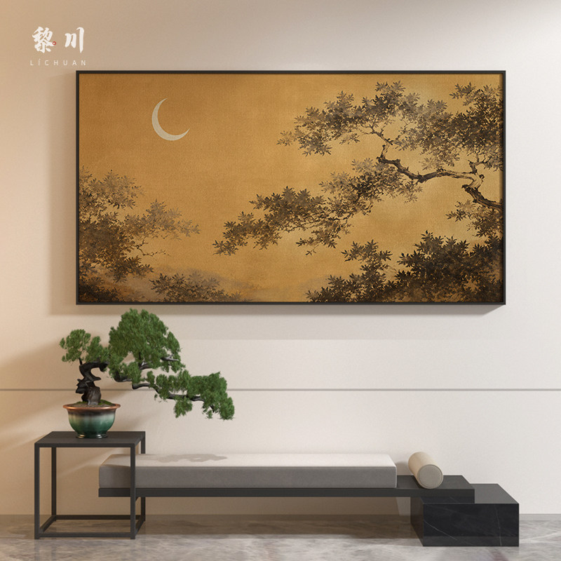 《月隐松梢》东方复古金色月夜松枝装饰画客厅沙发背景墙挂画软装图片