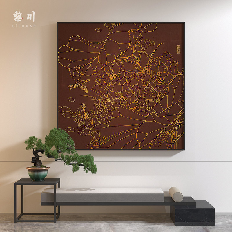 新中式装饰画客厅玄关端景壁画金色莲花肌理艺术禅意荷花方形挂画