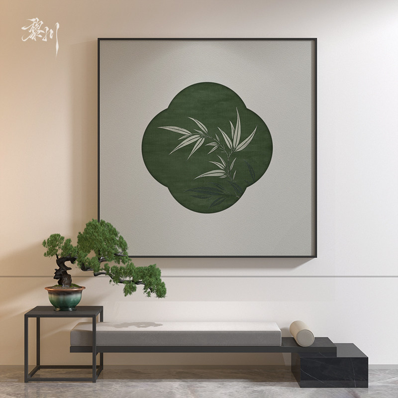 新中式绿色竹叶复古风高级感玄关客厅装饰画大白墙壁画方形挂画