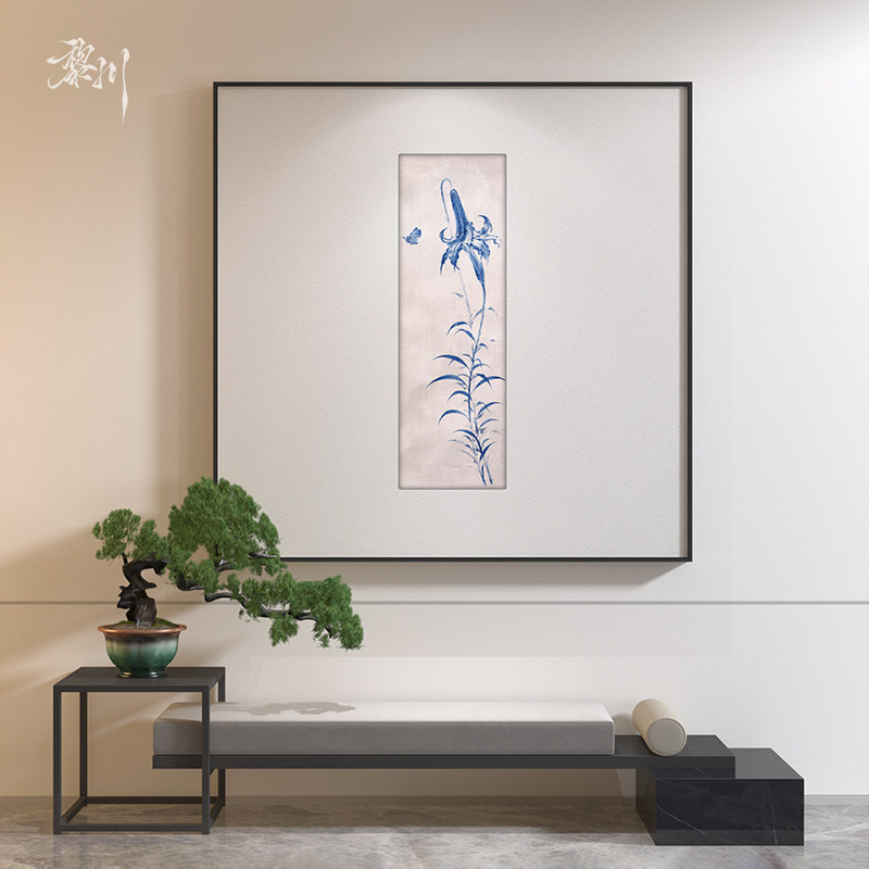《青影》东方雅韵蓝色百合蝴蝶禅意玄关过道竖幅挂画艺术装饰画