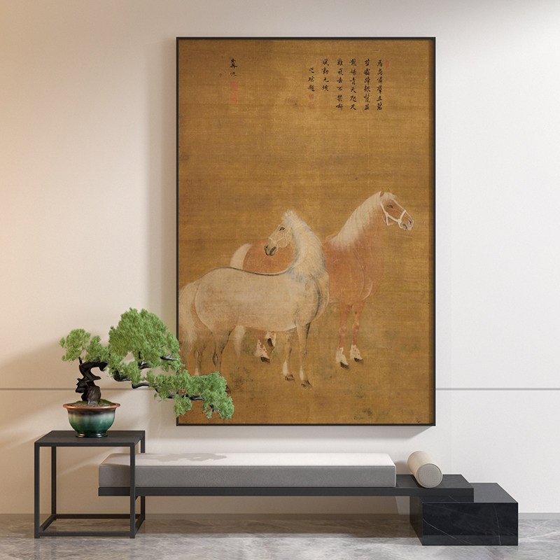 新中式客厅玄关装饰画黄色骏马古典艺术字画背景墙壁现代轻奢挂画